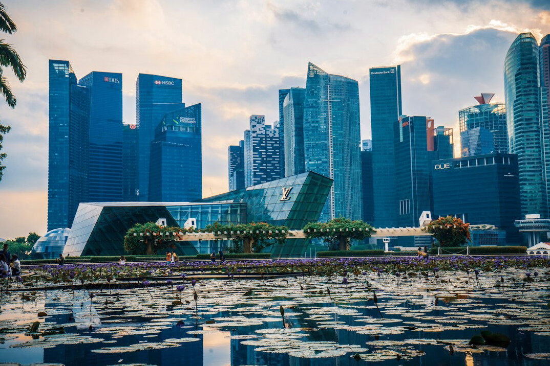 Singapore business district skyline with green rooftop gardens
